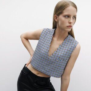 Zara Plaid Checkered Print Sleeveless V-neck Cropped Top sz S